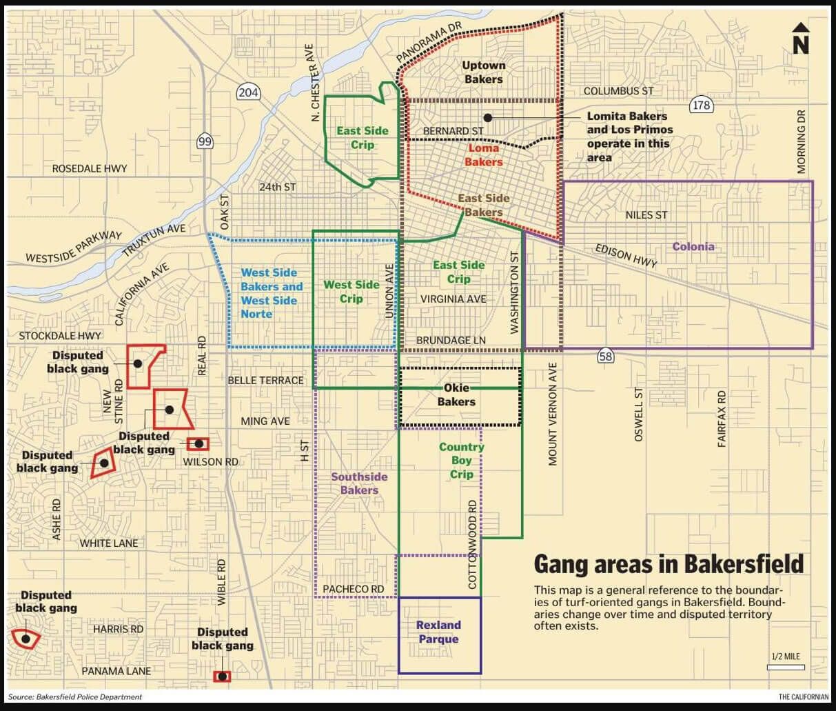 Gang Areas Carte dans Bakersfield